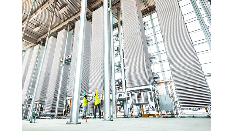 A tower of trays containing limestone at the first DAC commercial plant in the United States (California)